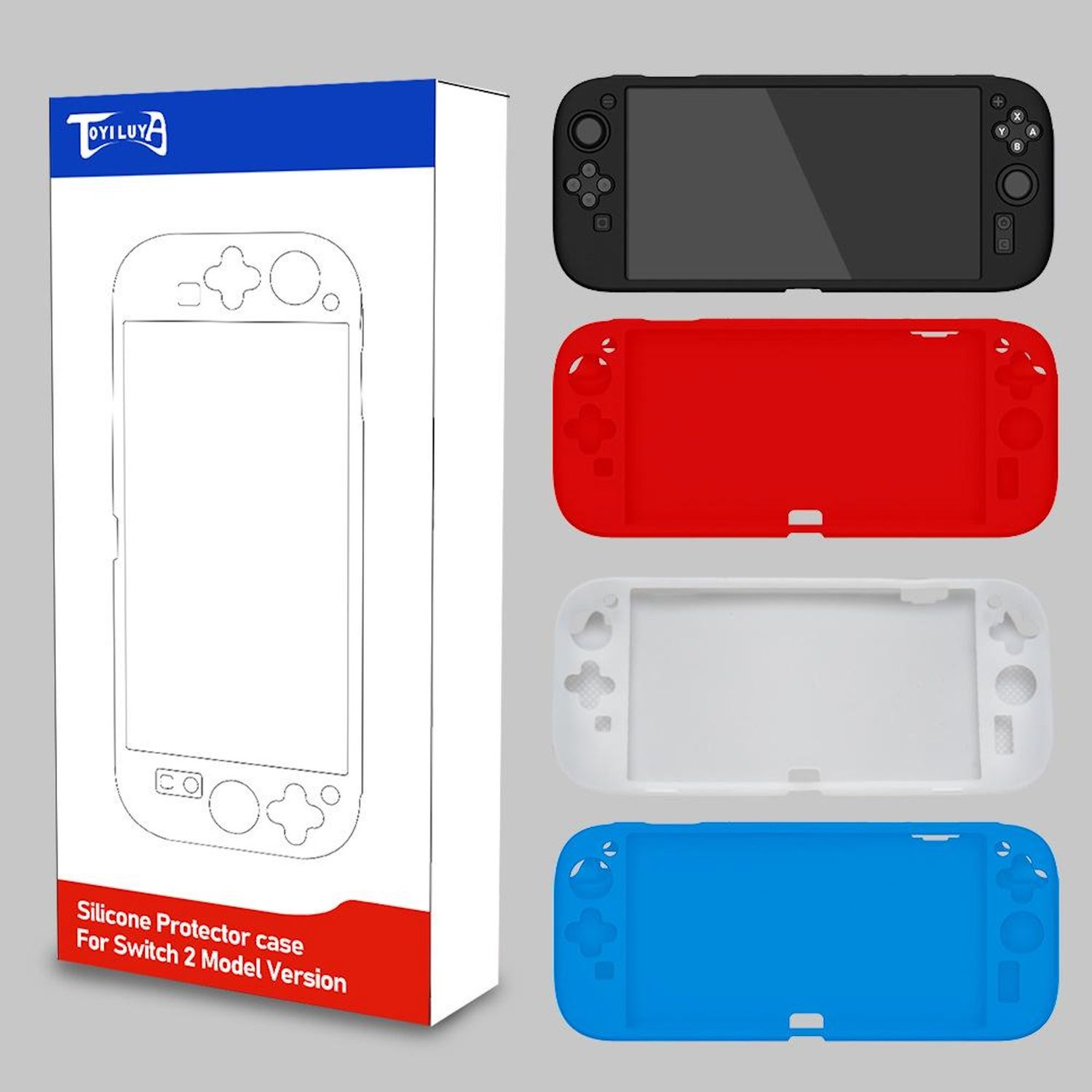Produktdisplay: Mehrere farbige Switch 2-Hüllen und die Verpackung. Die Box ist weiß und blau.