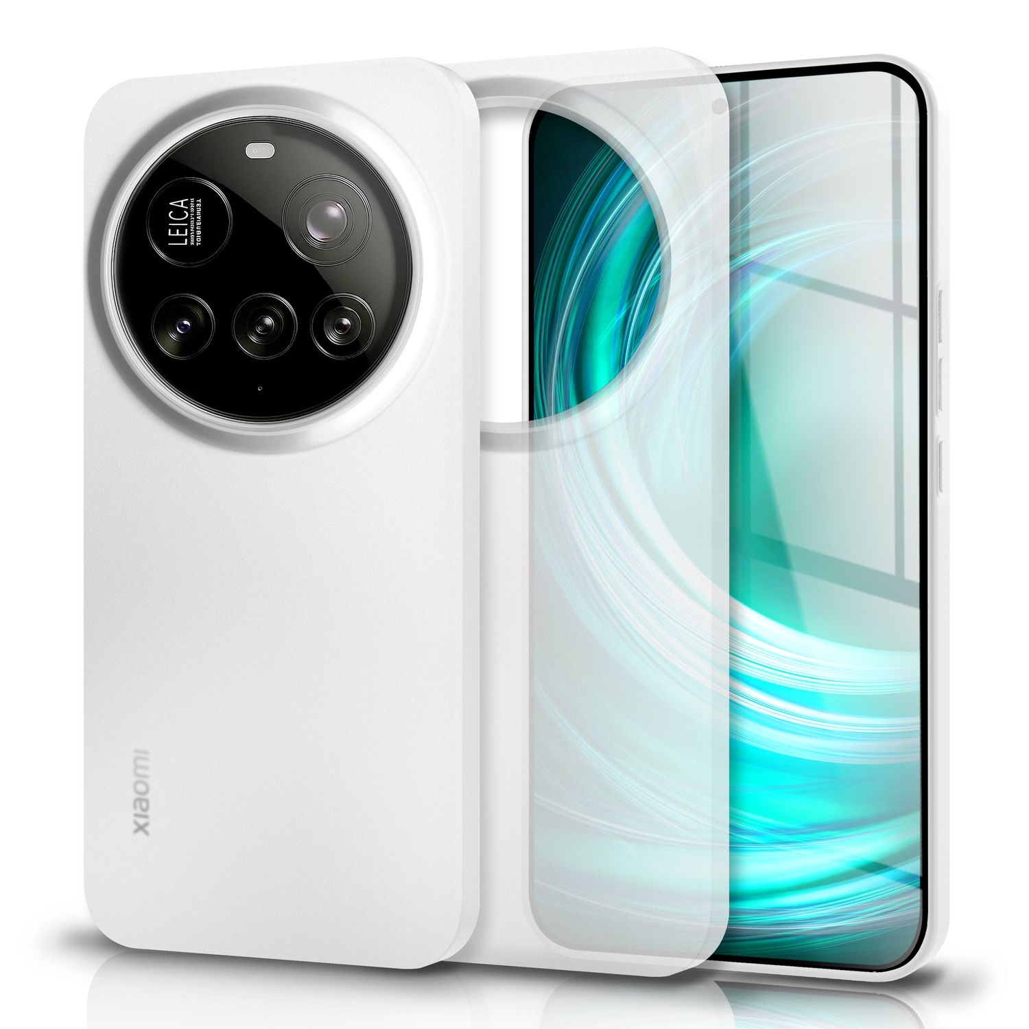 Eine weiße Handyhülle mit Leica-Kamera und Displayschutz, schräge Ansicht.