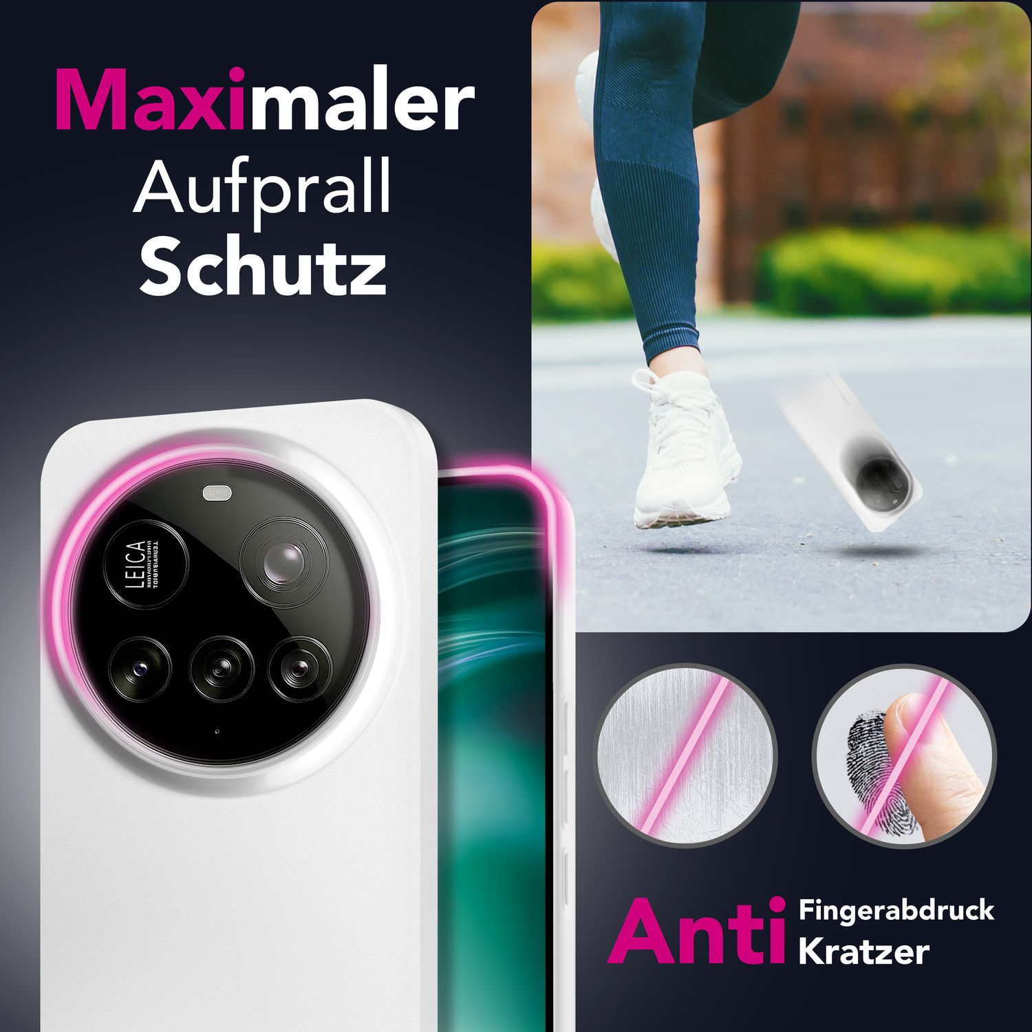 Eine Handyhülle mit Leica-Kamera, Text 'Anti Kratzer' und eine Person, die rennt.