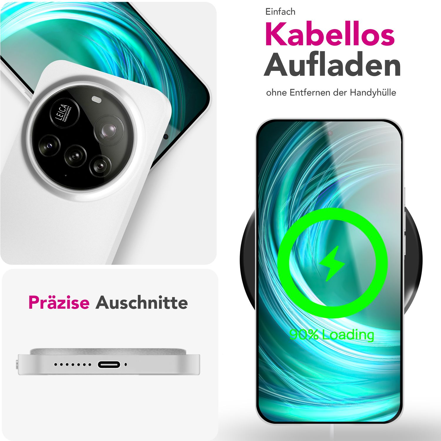 Ein Telefon auf einem kabellosen Ladegerät. Telefon und Ladegerät sind weiß, mit grüner Anzeige.