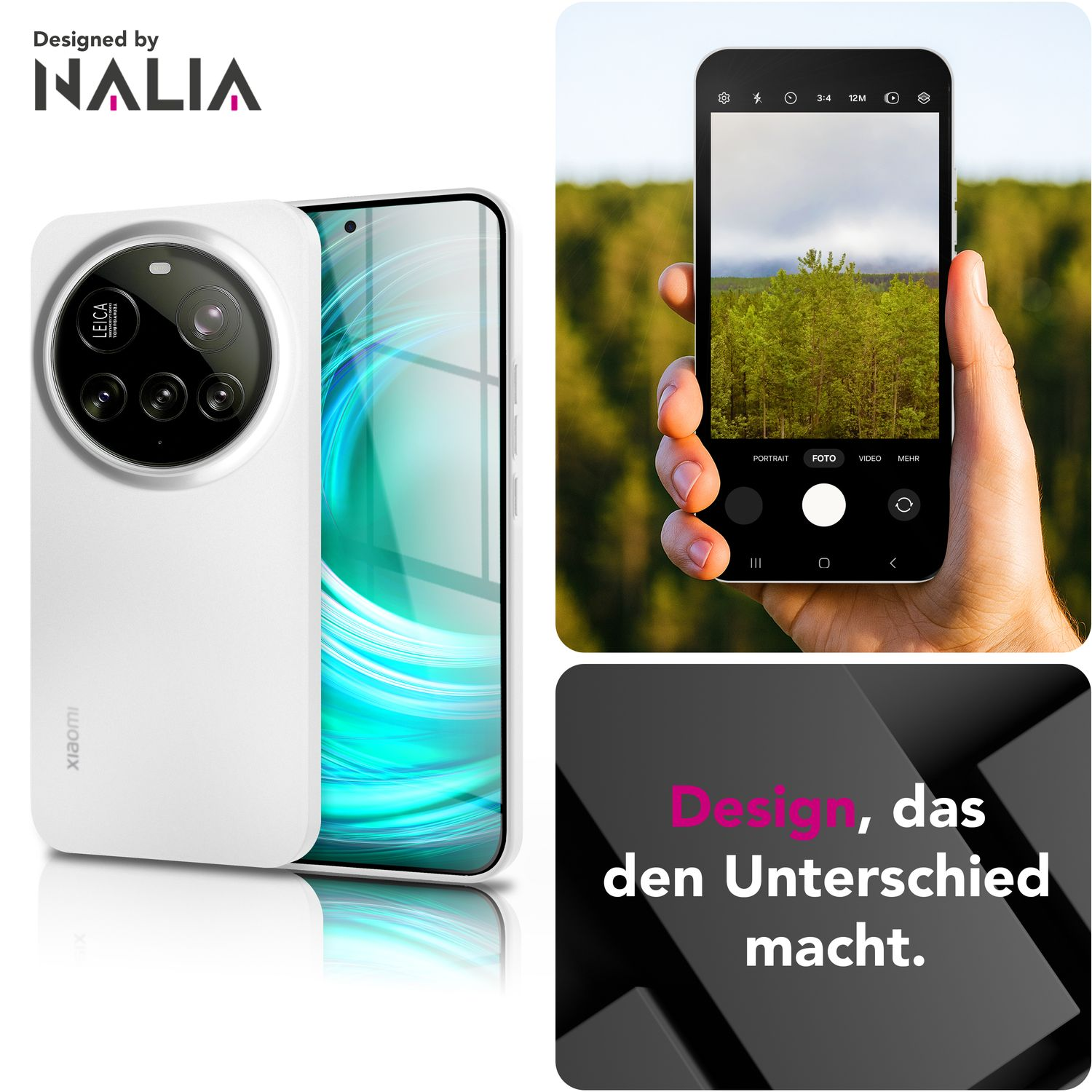 Eine weiße Handyhülle mit Leica-Kamera und Displayschutz, mit einem Designelement.