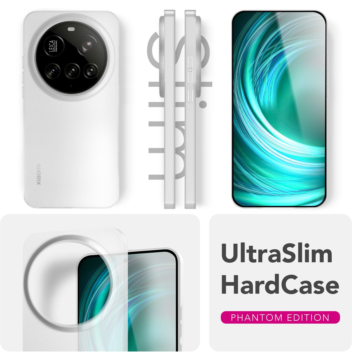 Eine weiße Handyhülle mit Leica-Kameraausschnitt wird mit dem Telefon gezeigt. Die Hülle ist schlank.
