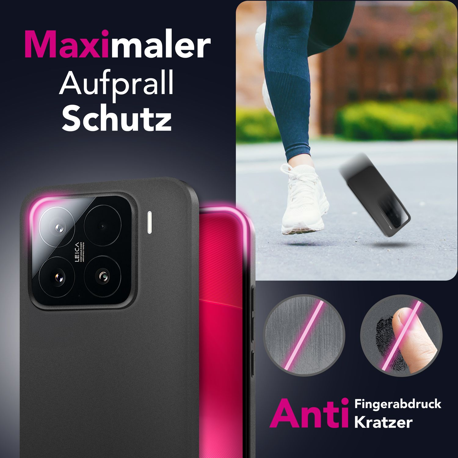 Una custodia per telefono con fotocamera Leica, testo 'Anti Kratzer' e una persona che corre.