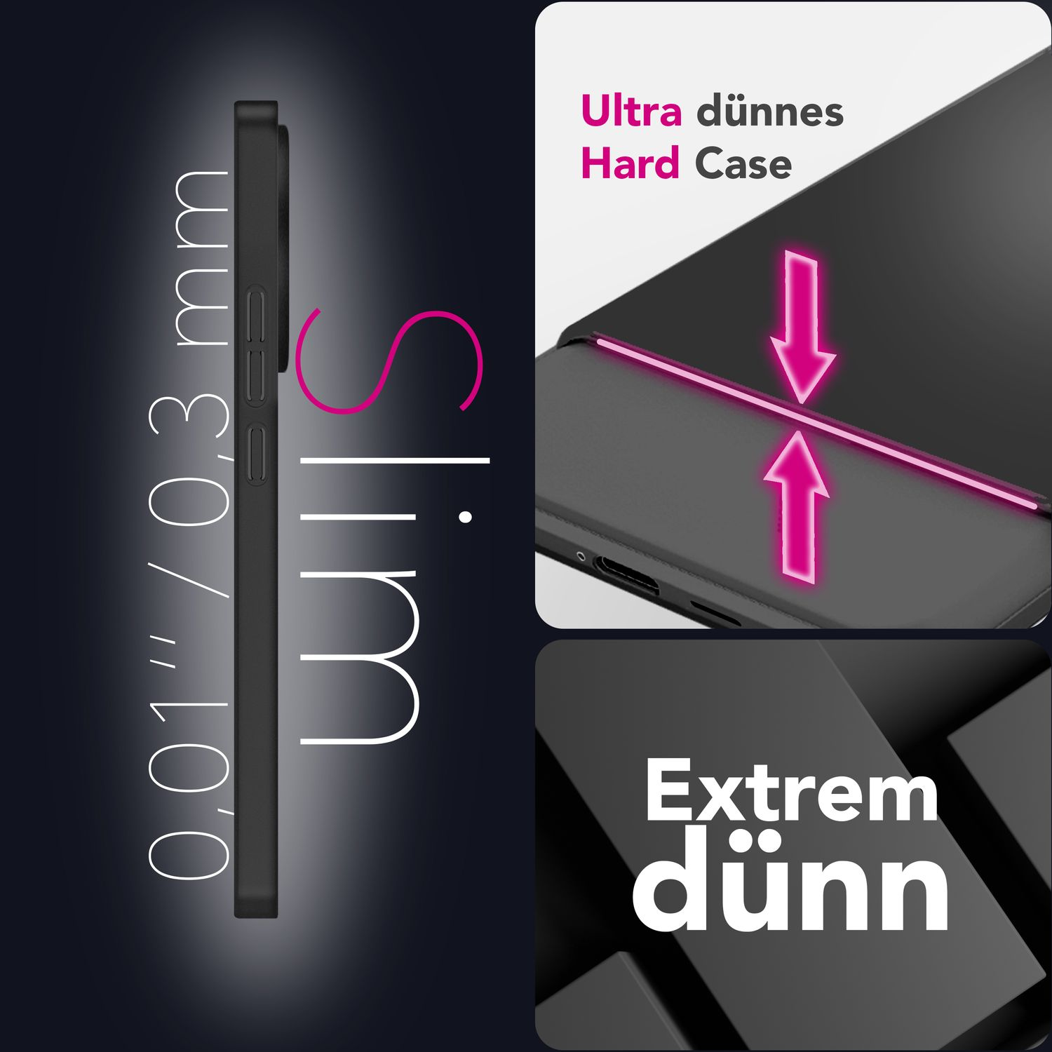Viene mostrata una vista laterale di una custodia per telefono nera con il testo 'Slim' e dimensioni di 0,01'/0,3 mm.