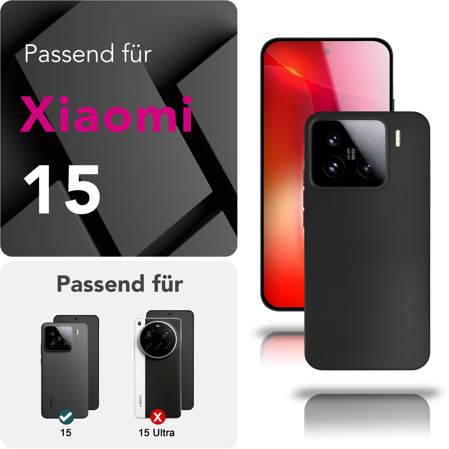 Immagini di custodie e telefoni, con testo che indica la compatibilità con i telefoni della serie Xiaomi 15.