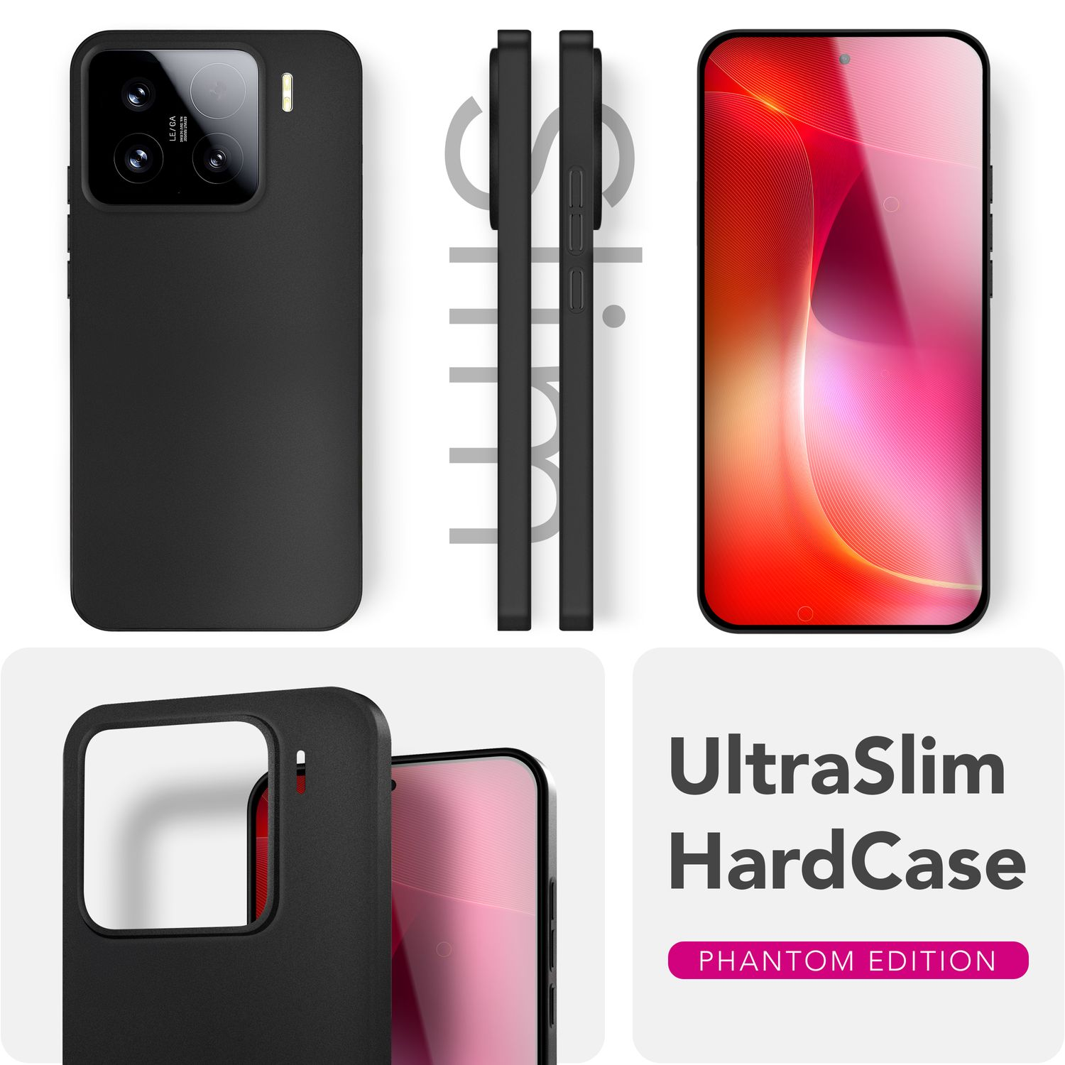 Diverse viste di una custodia nera, le parole 'UltraSlim HardCase' e il telefono stesso.