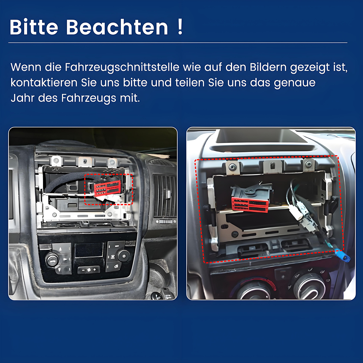 Zwei Autoradio-Panels mit rot hervorgehobenen Bereichen, Text auf Deutsch mit Kontaktbitte.