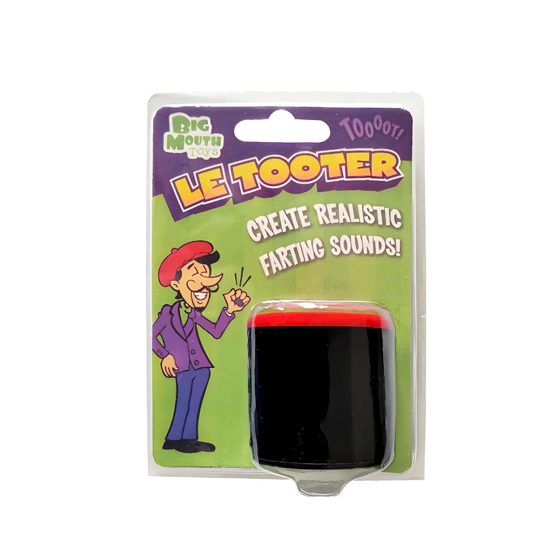 Eine Spielzeugverpackung mit der Aufschrift 'Le Tooter' mit einem Cartoon und den Worten 'Create Realistic Farting Sounds!'