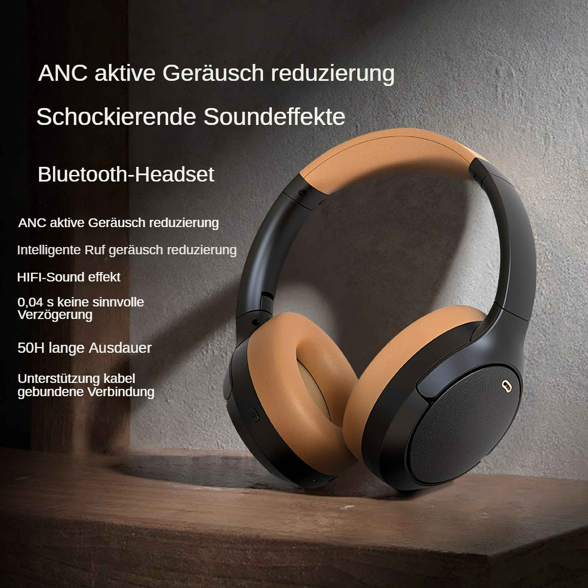 Schwarz-braune Kopfhörer auf Holz. Deutscher Text beschreibt Funktionen wie Geräuschreduzierung.