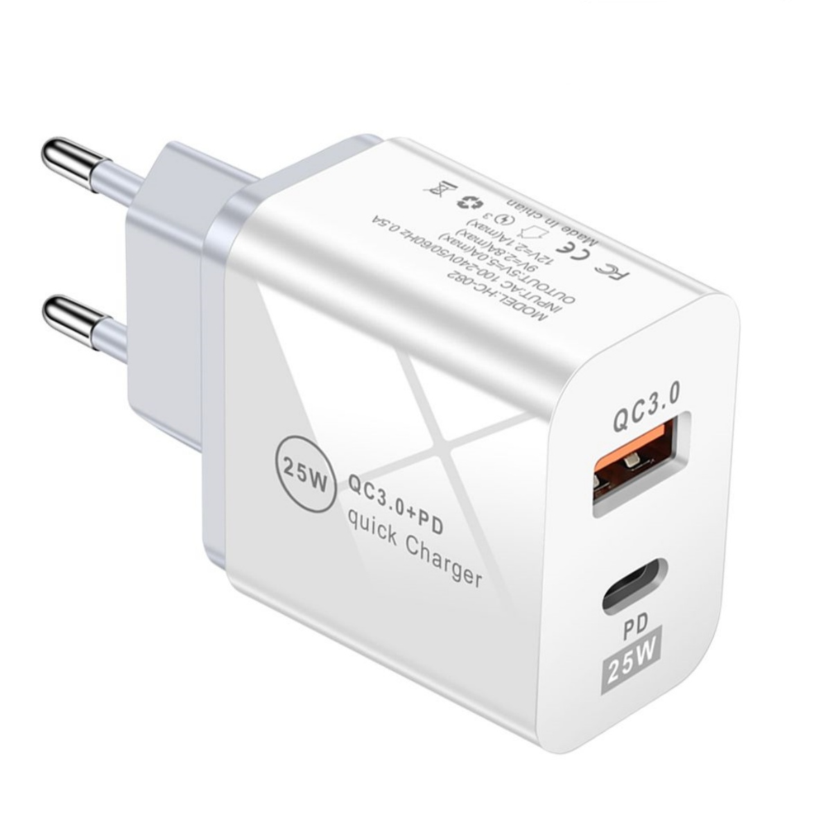 Ein weißes 25W QC3.0+PD Schnellladegerät mit zwei Stiften und zwei Anschlüssen.