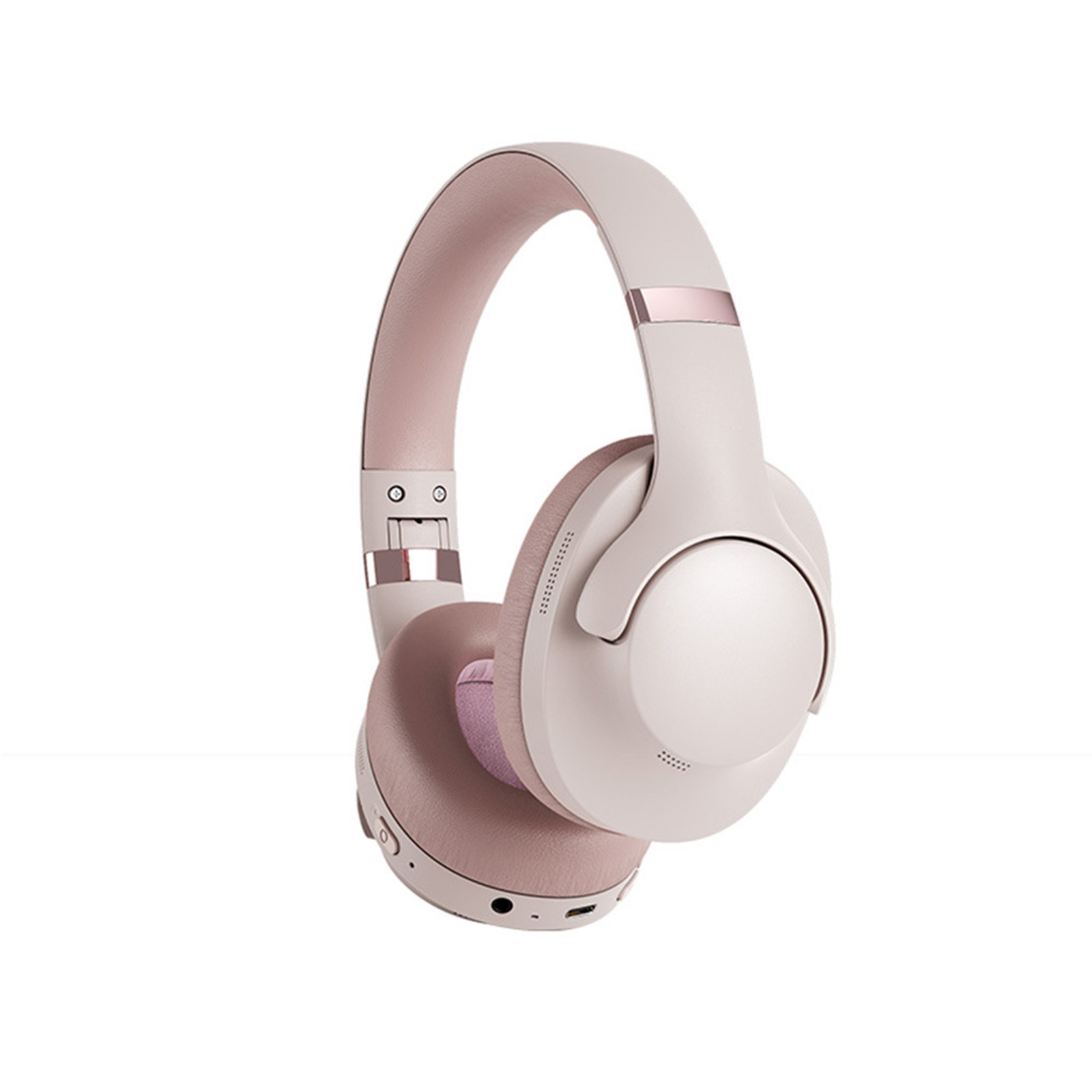 Rosa und weiße Kopfhörer auf weißem Hintergrund. Das Stirnband ist rosa, die Ohrmuscheln sind weiß.