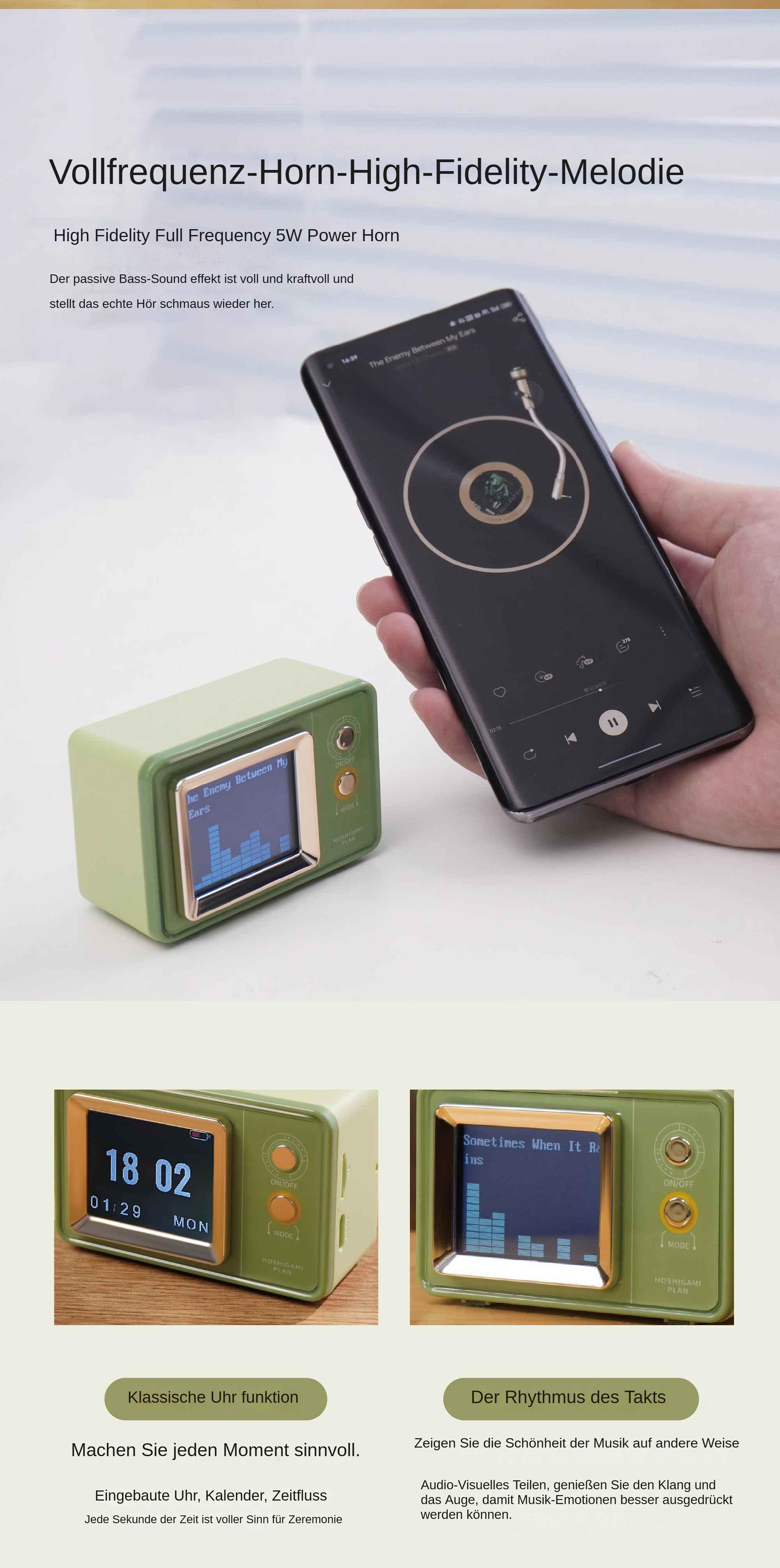 Eine Werbung zeigt zwei grüne und braune Lautsprecher im Retro-Stil. Einer ist auf einem Telefonbildschirm.