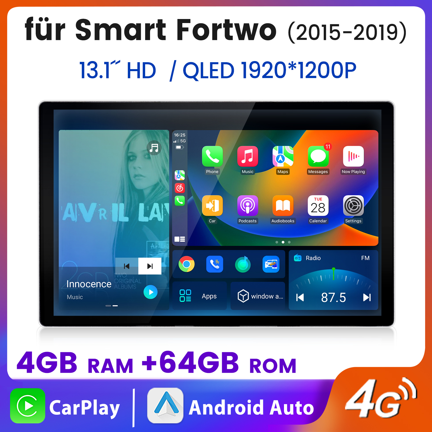 Tablet-Bildschirm, der eine Musik-App-Oberfläche mit Symbolen anzeigt. Text: 4GB RAM +64GB ROM.