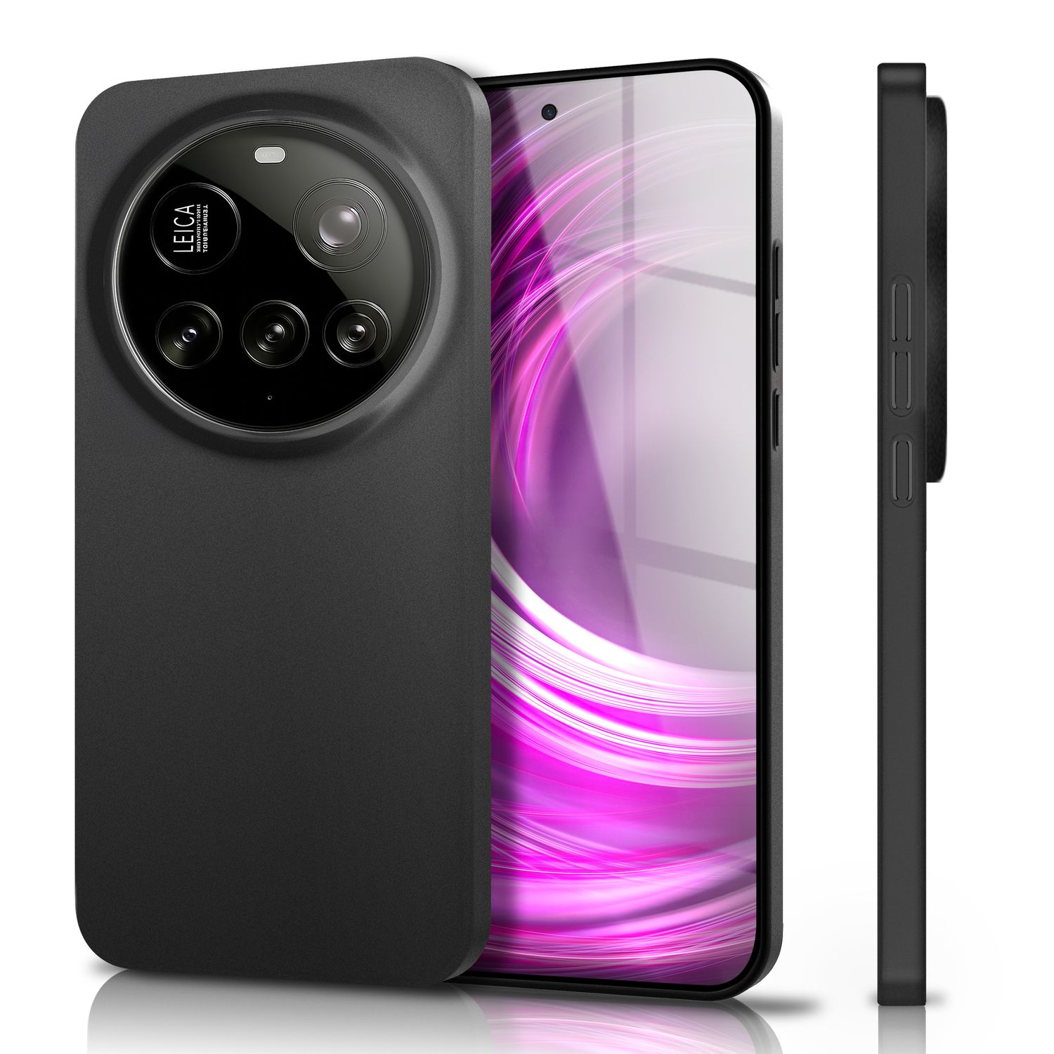 Schwarze Handyhülle mit Leica-Kameraausschnitt. Das Telefon ist schwarz und hat drei Kameras.