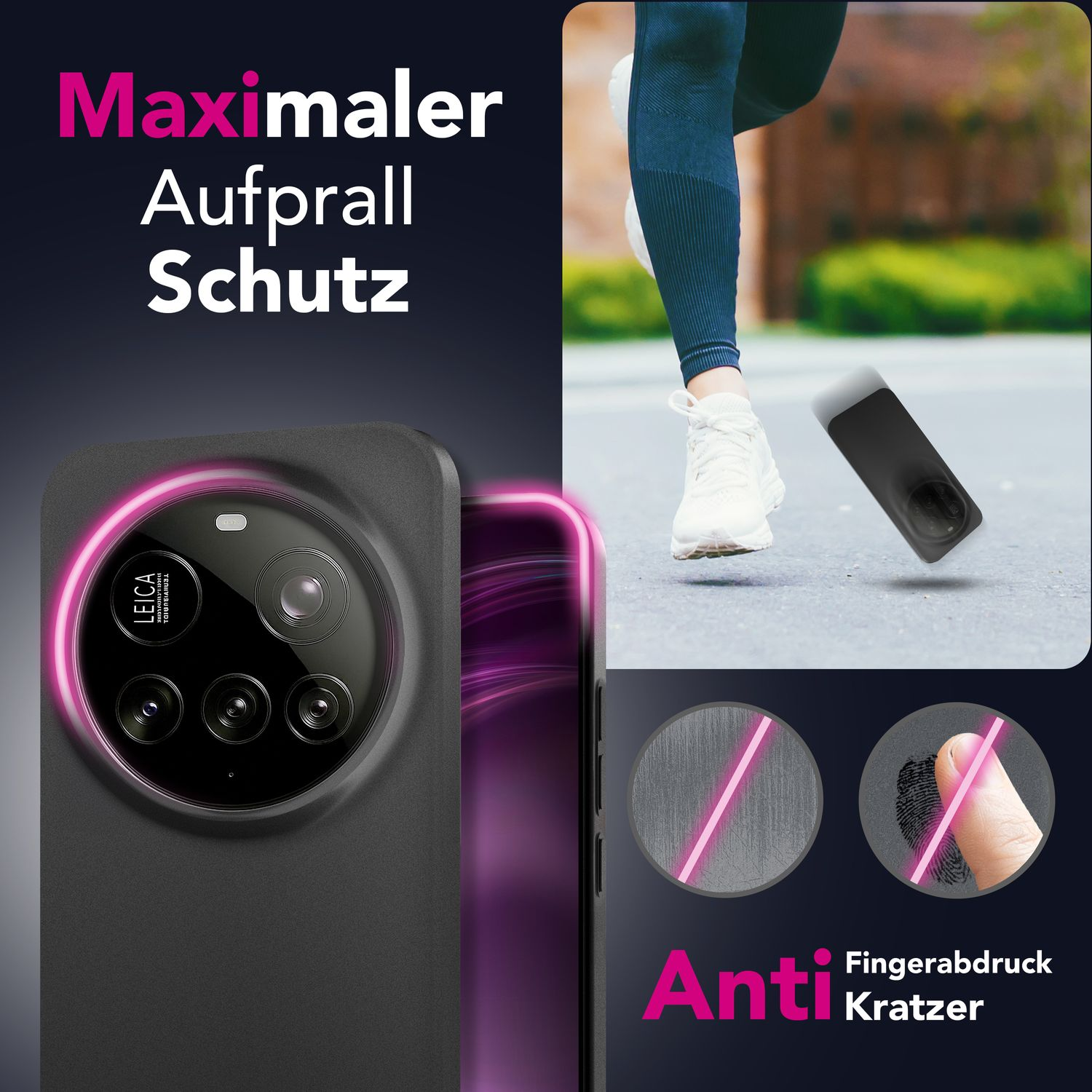 Schwarze Handyhülle mit Kamera, Leica-Objektiv und Anti-Kratz-Funktionen. Im Hintergrund ein Läufer.