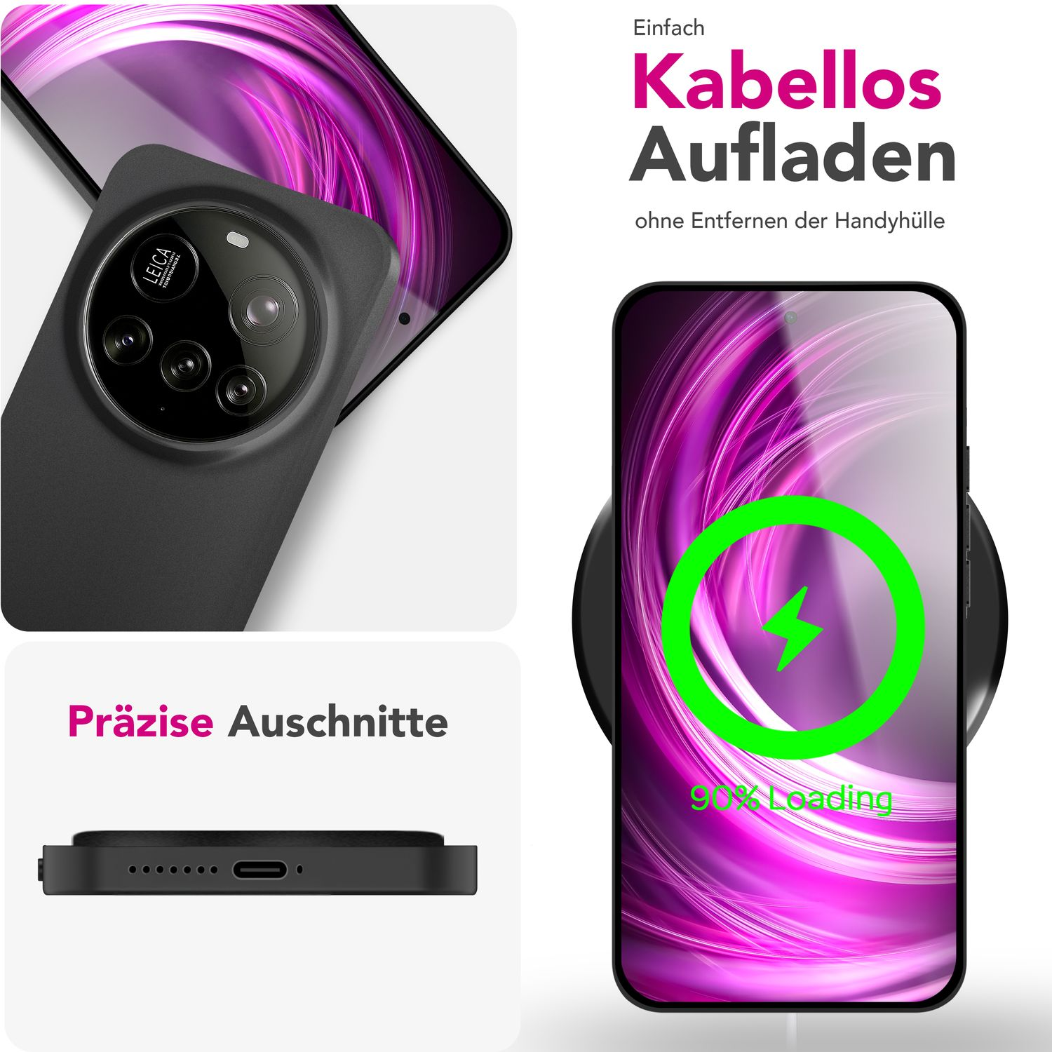 Das Bild zeigt ein Telefon, das drahtlos auf einem Pad geladen wird. Auf dem Telefon wird der Ladefortschritt angezeigt.