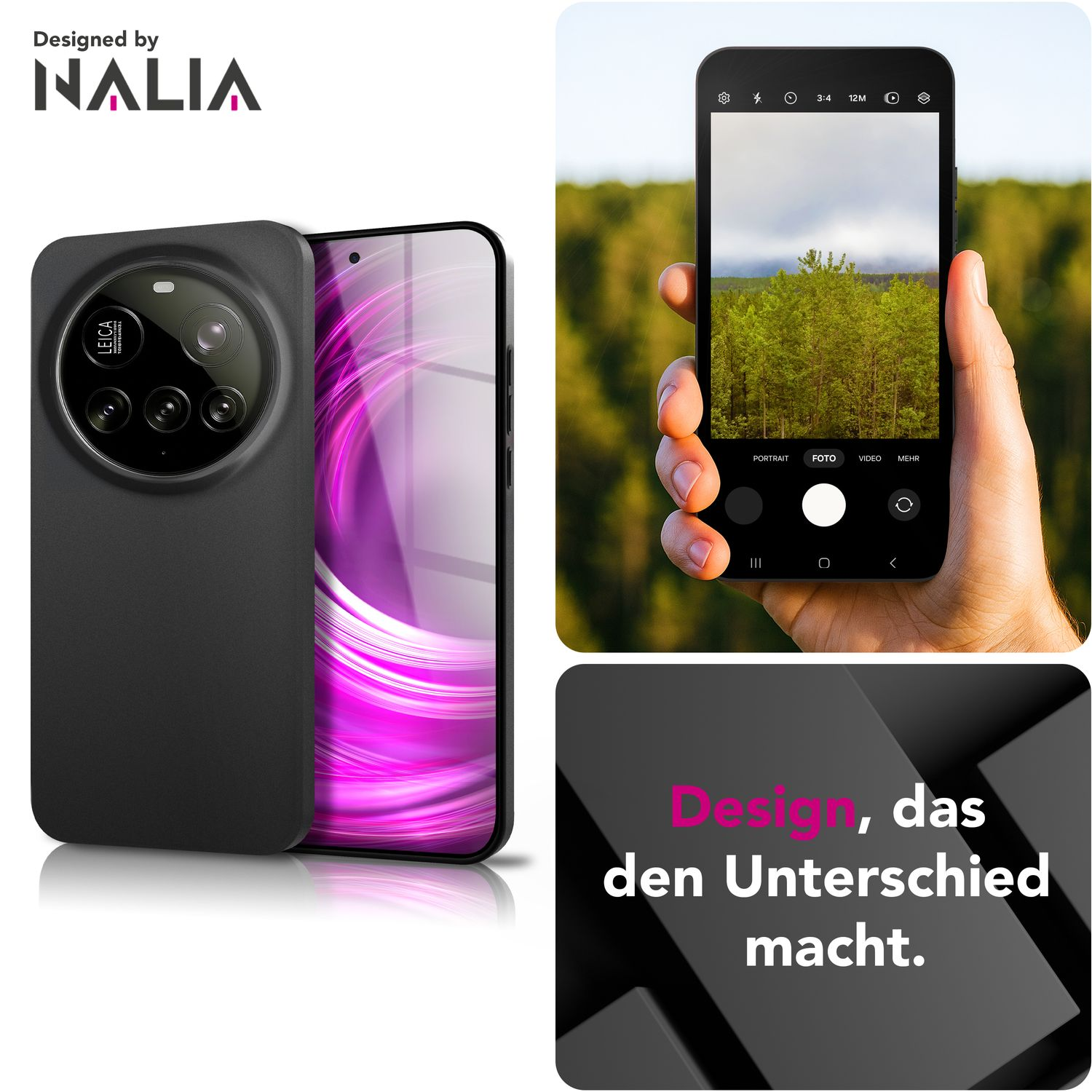 Schwarze Handyhülle mit Leica-Kameraausschnitt. Eine Hand hält ein Telefon mit einer Naturszene.