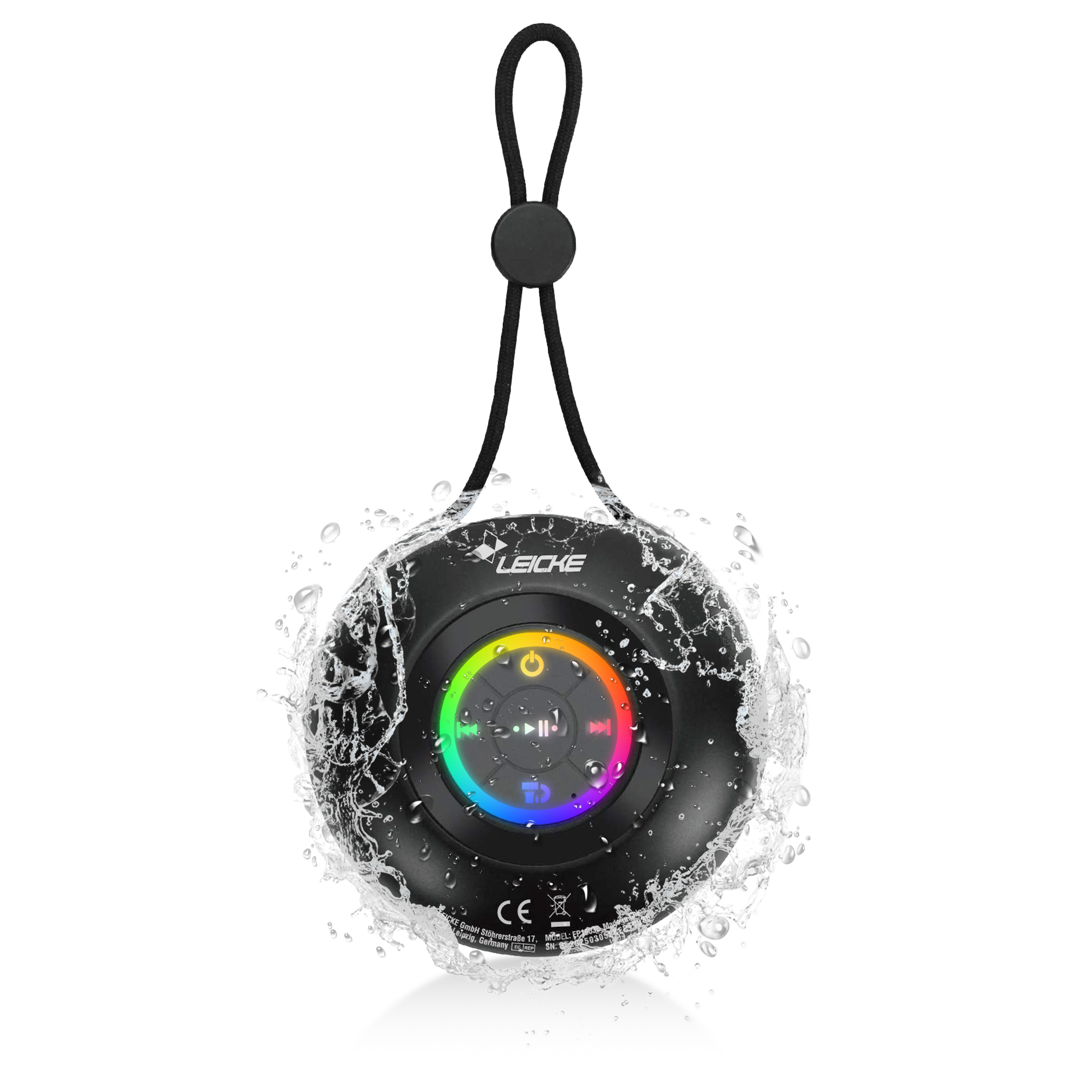 Altoparlante nero impermeabile che emette acqua. L'altoparlante ha una luce arcobaleno e un anello per appenderlo.