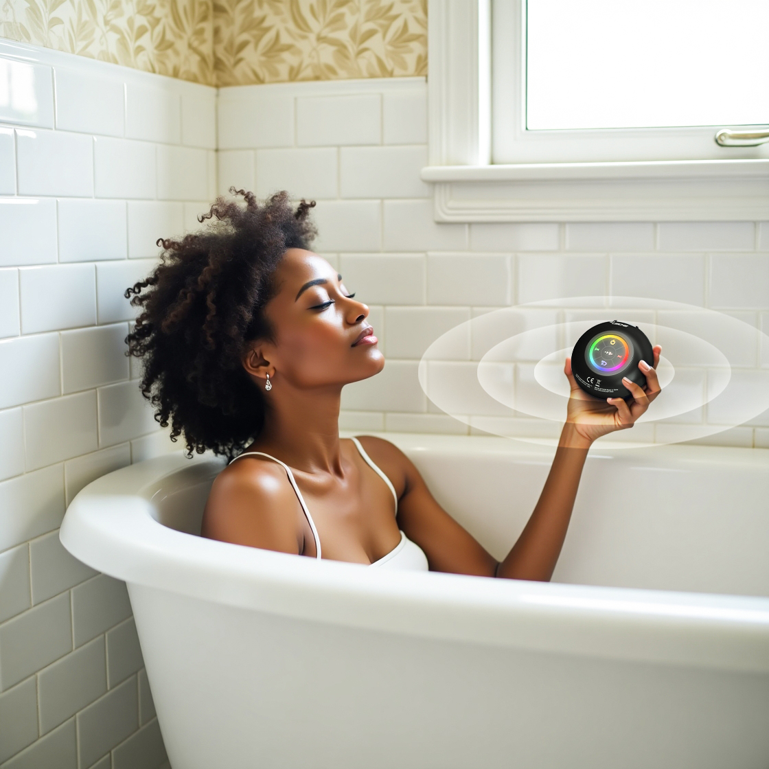 Donna in una vasca da bagno che tiene in mano un altoparlante. L'altoparlante ha luci che cambiano colore.