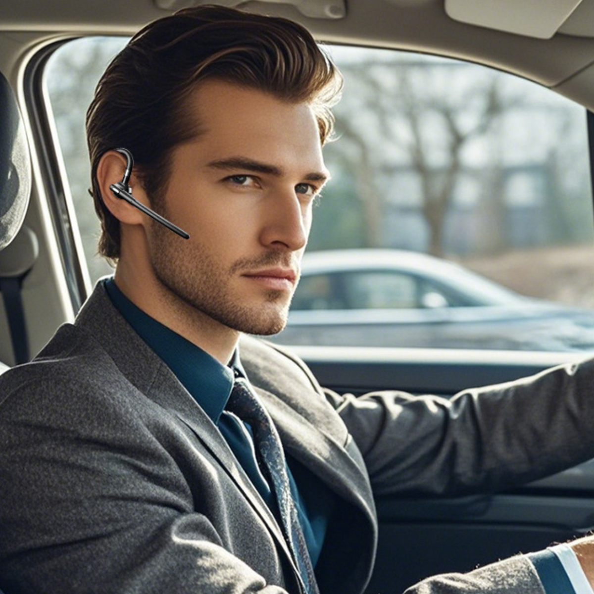 Ein Mann im Anzug fährt Auto und trägt ein Bluetooth-Headset.