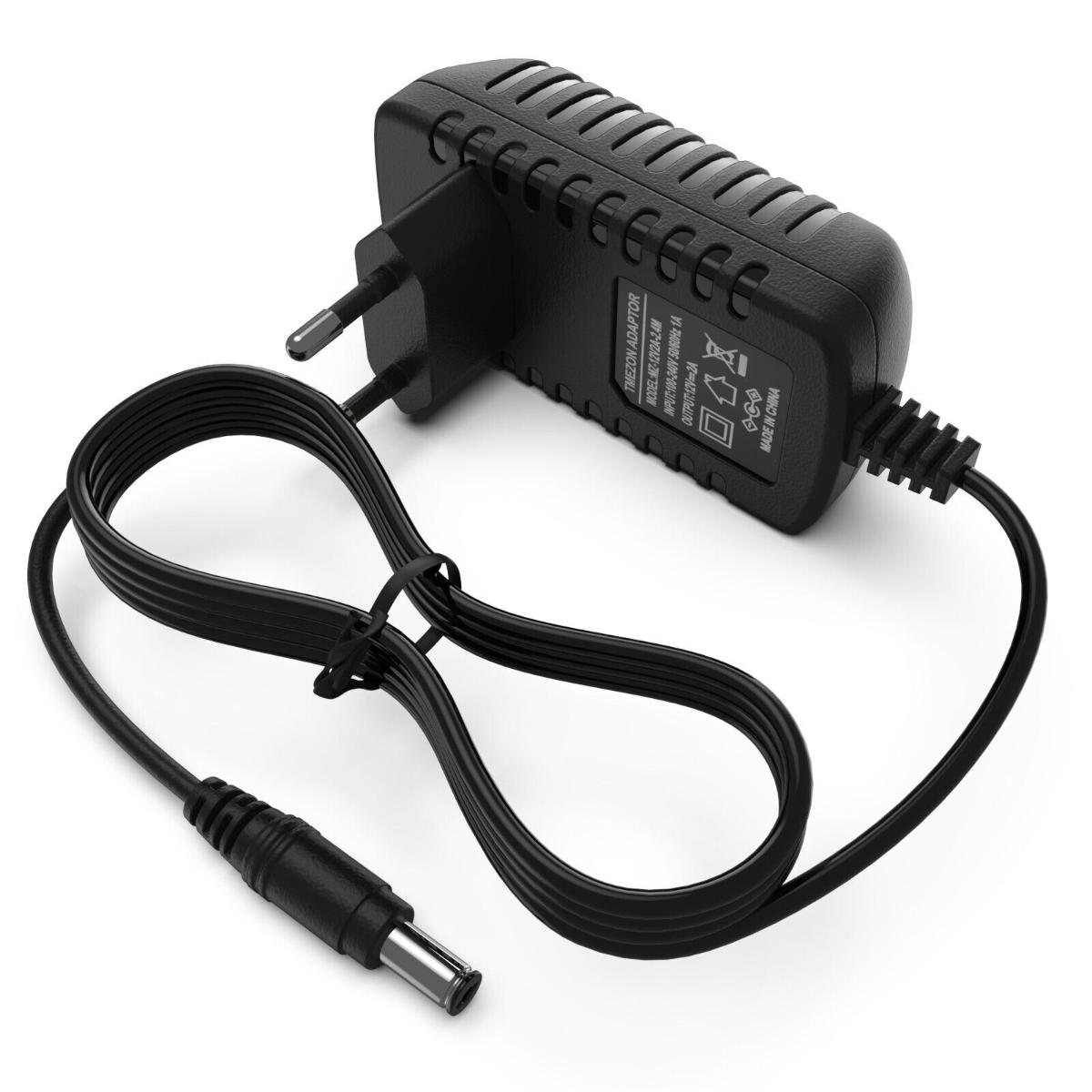 Schwarzes Netzteil mit Zweipolstecker, Kabel und DC-Anschluss.