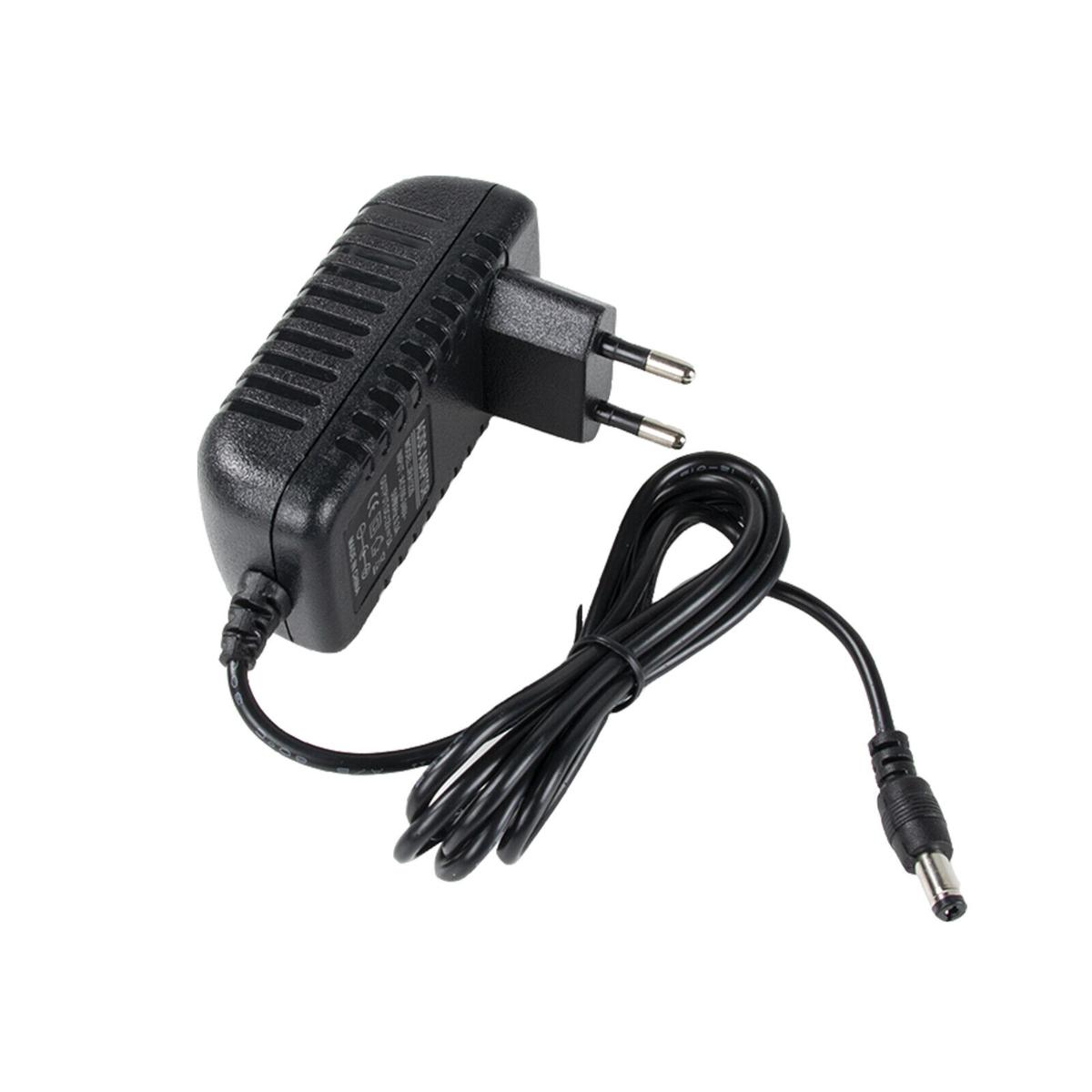 Schwarzes Netzteil mit Zweipolstecker, Kabel und DC-Anschluss.