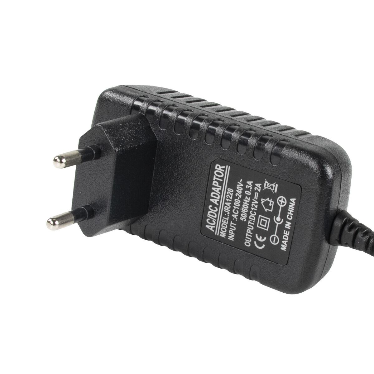 Schwarzer AC/DC-Adapter mit Zweipolstecker und DC-Anschluss.