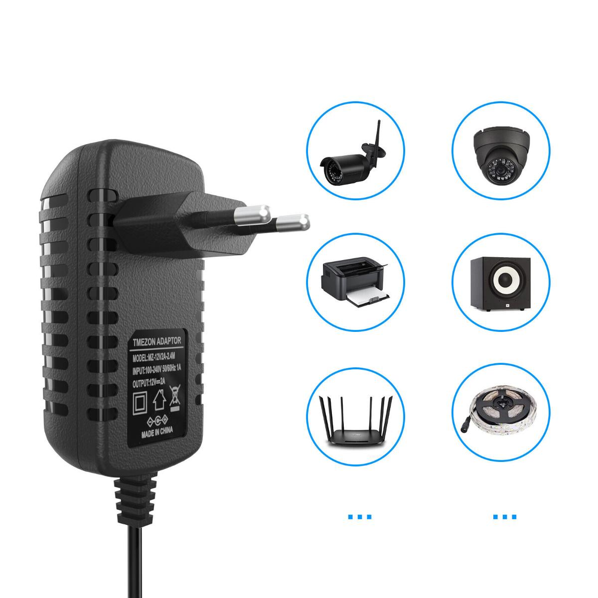 Schwarzer Adapter mit Stecker und mehrere Icons von elektronischen Geräten in blauen Kreisen.