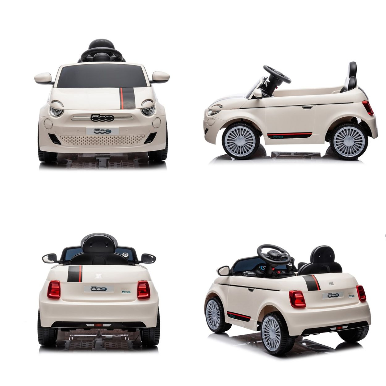 Vier Ansichten eines weißen Spielzeug-Fiat 500. Das Auto hat schwarze und rote Details. Weißer Hintergrund.