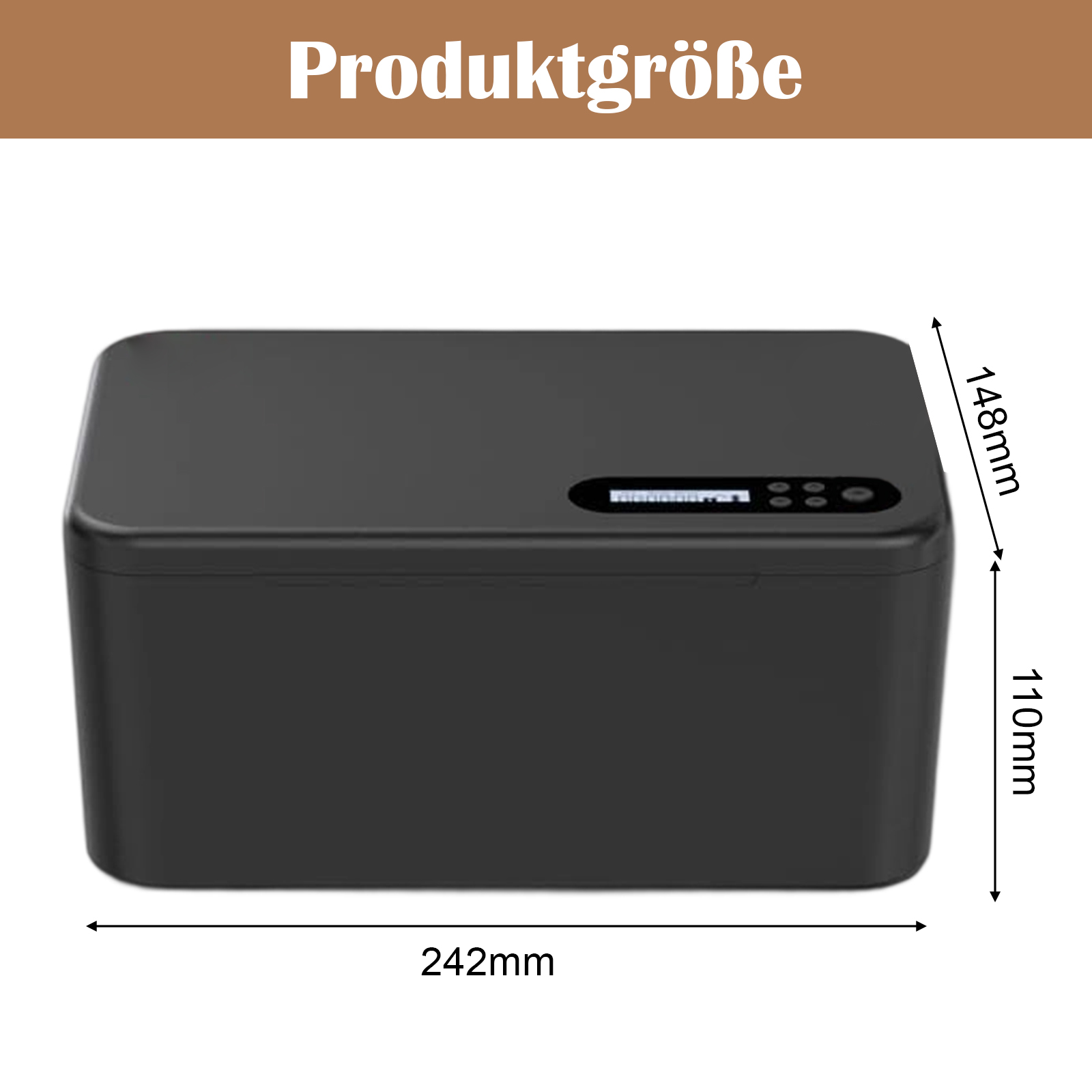 Schwarze Box mit Größenangaben: 242mm breit, 148mm hoch und 110mm tief, mit Display oben.