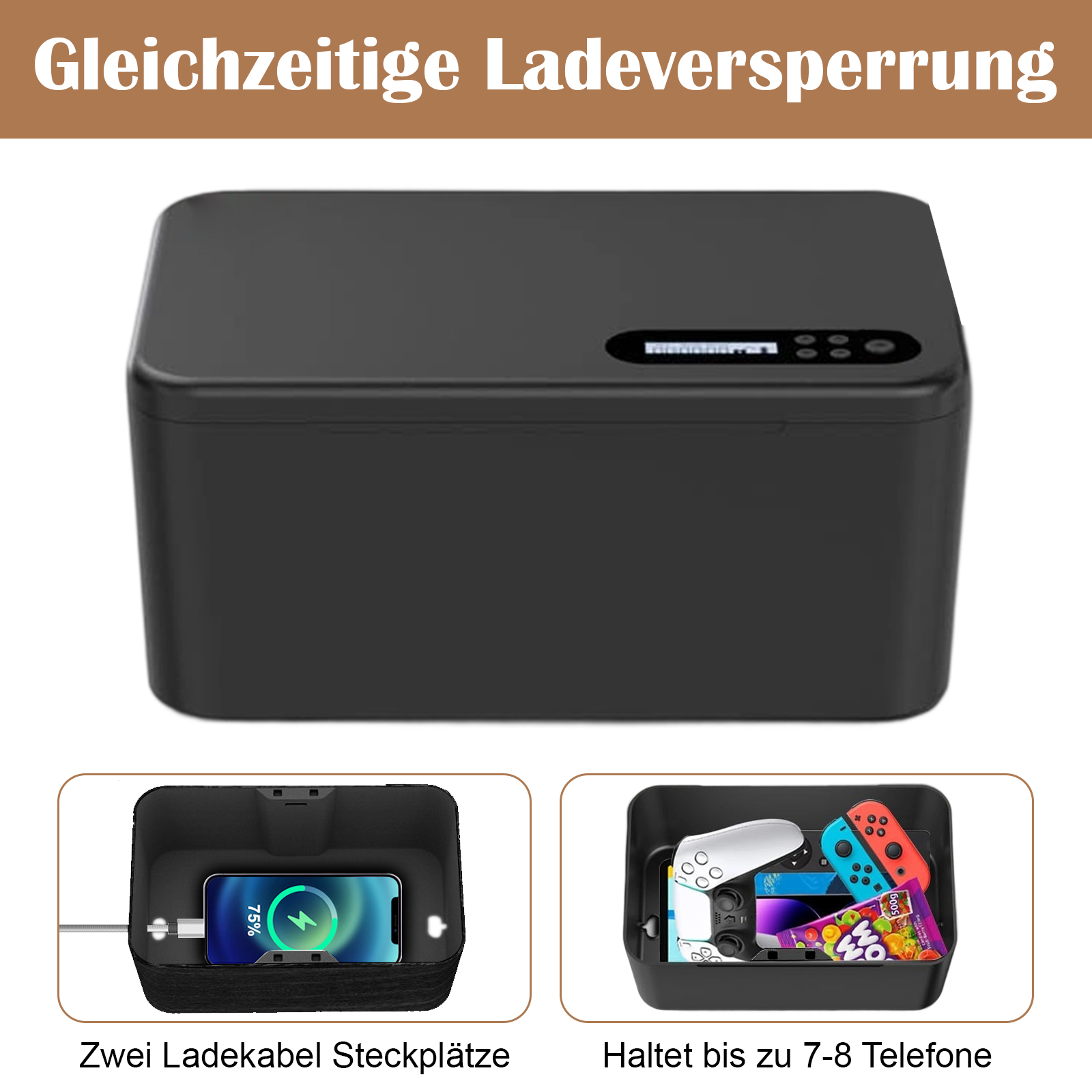Ein schwarzes rechteckiges Gerät mit offenem Deckel. Es zeigt ein Telefon und andere Gegenstände im Inneren.