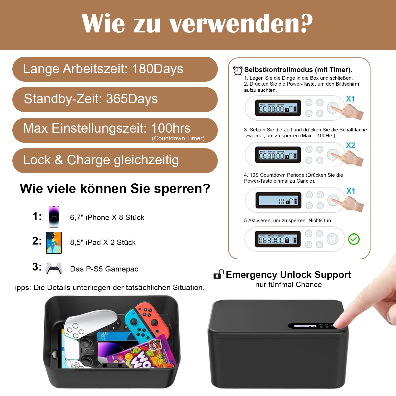 Ein Diagramm, das erklärt, wie man ein schwarzes rechteckiges Gerät verwendet. Es enthält Text und Illustrationen.
