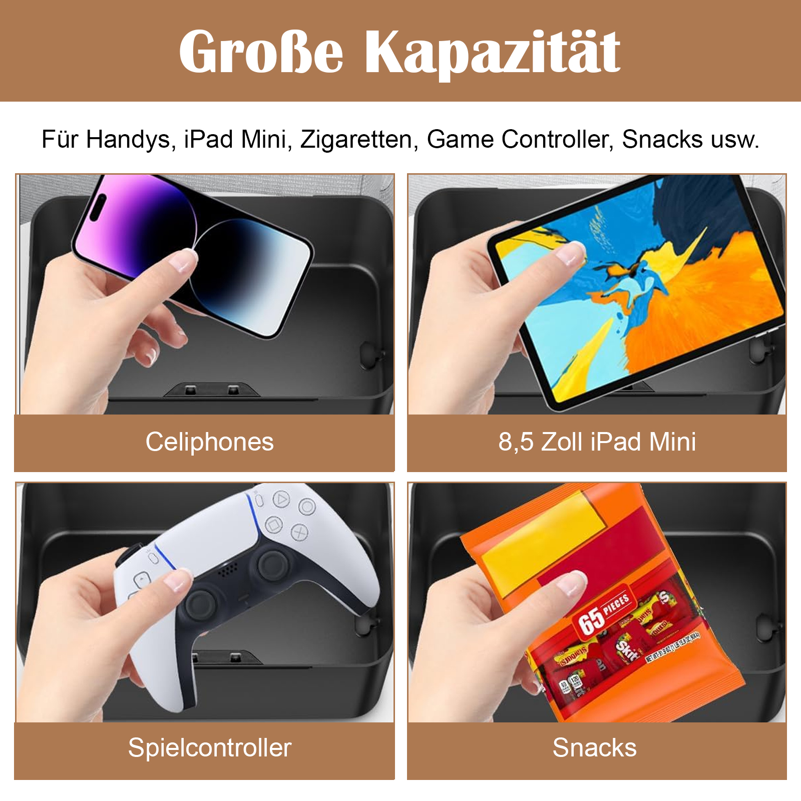 Vier Bilder: Telefon, iPad, Gamecontroller und eine Süßigkeitenpackung, alles in einem schwarzen Behälter.