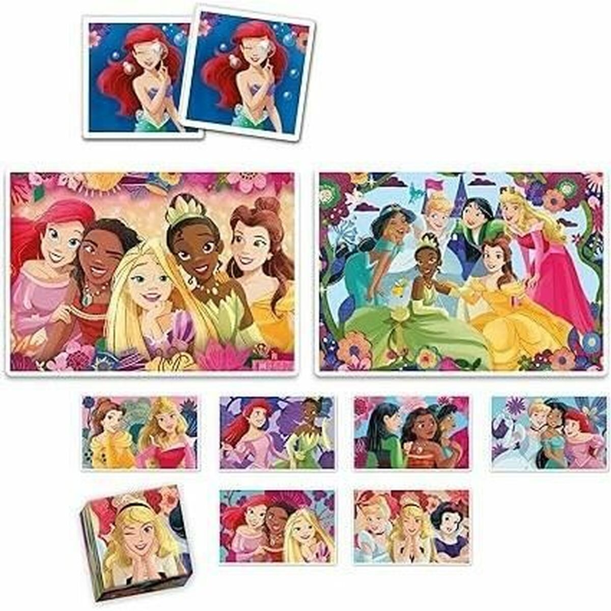 Puzzle di principesse Disney. Ci sono più immagini di principesse sui pezzi del puzzle. Ariel, Belle e Aurora sono tra loro.