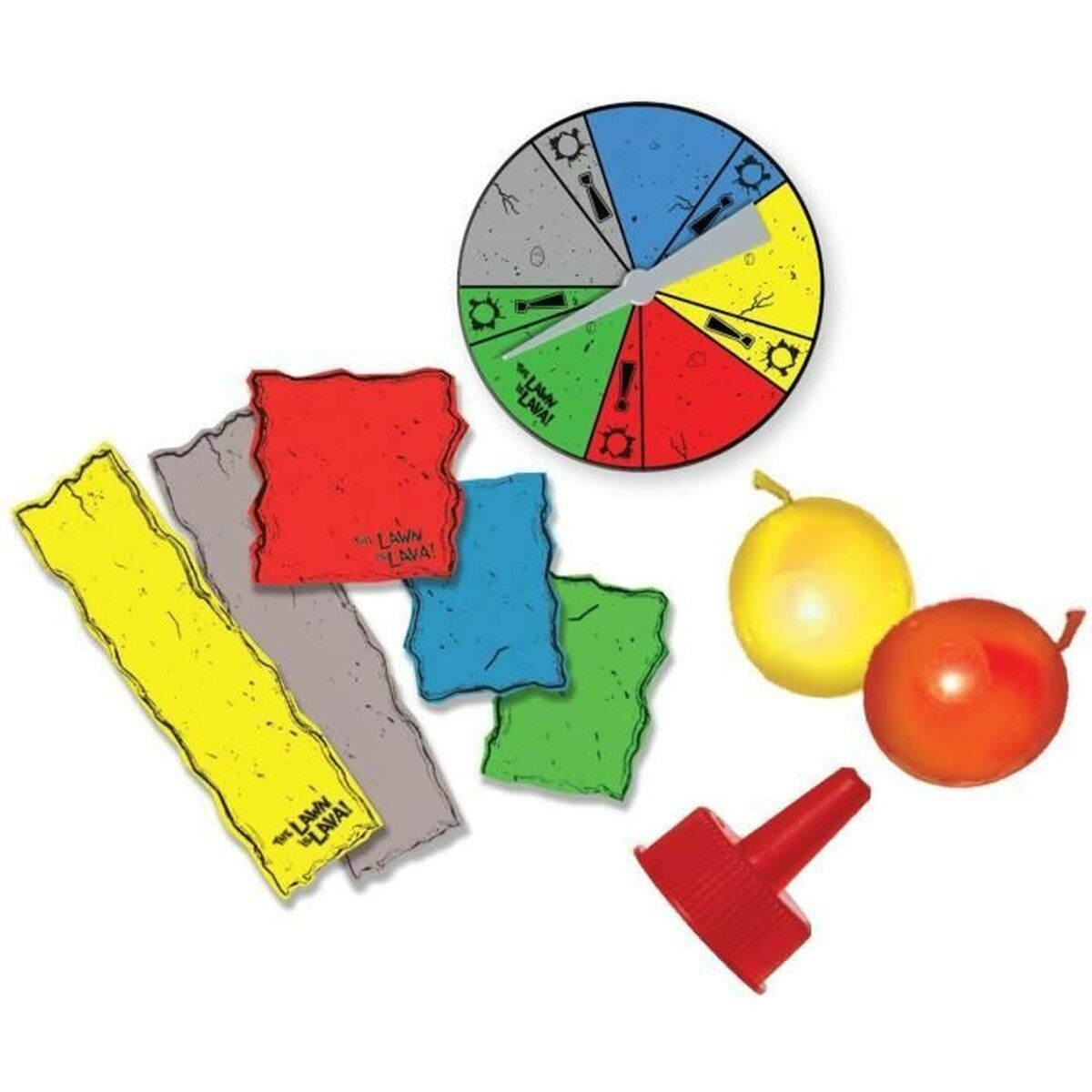 Gioco Lawn Lava. Una ruota, tavole colorate e oggetti a forma di lava. Il gioco è per bambini.
