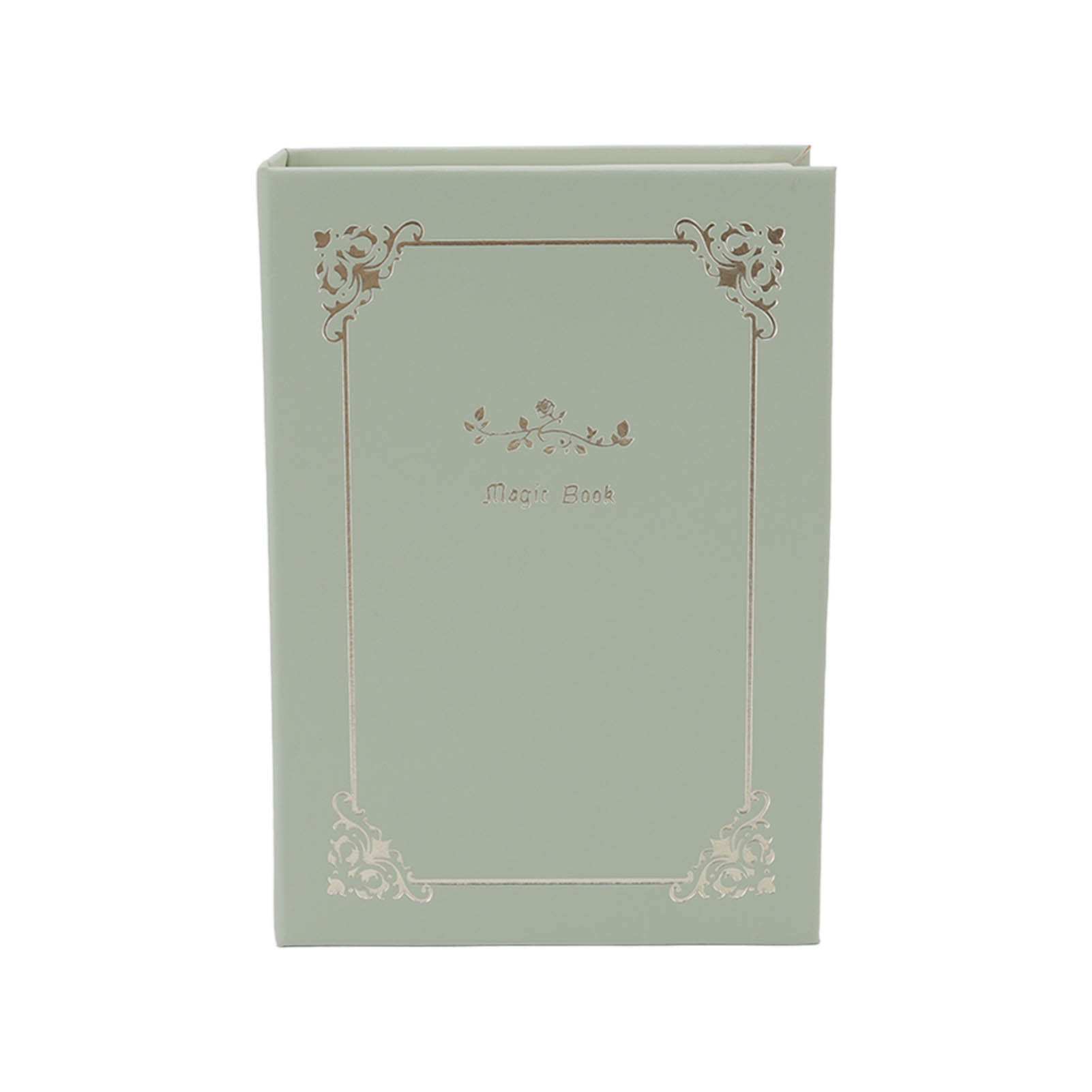 Abbildung einer hellgrünen „Magic Book“-Box mit goldenen floralen Eckdetails.