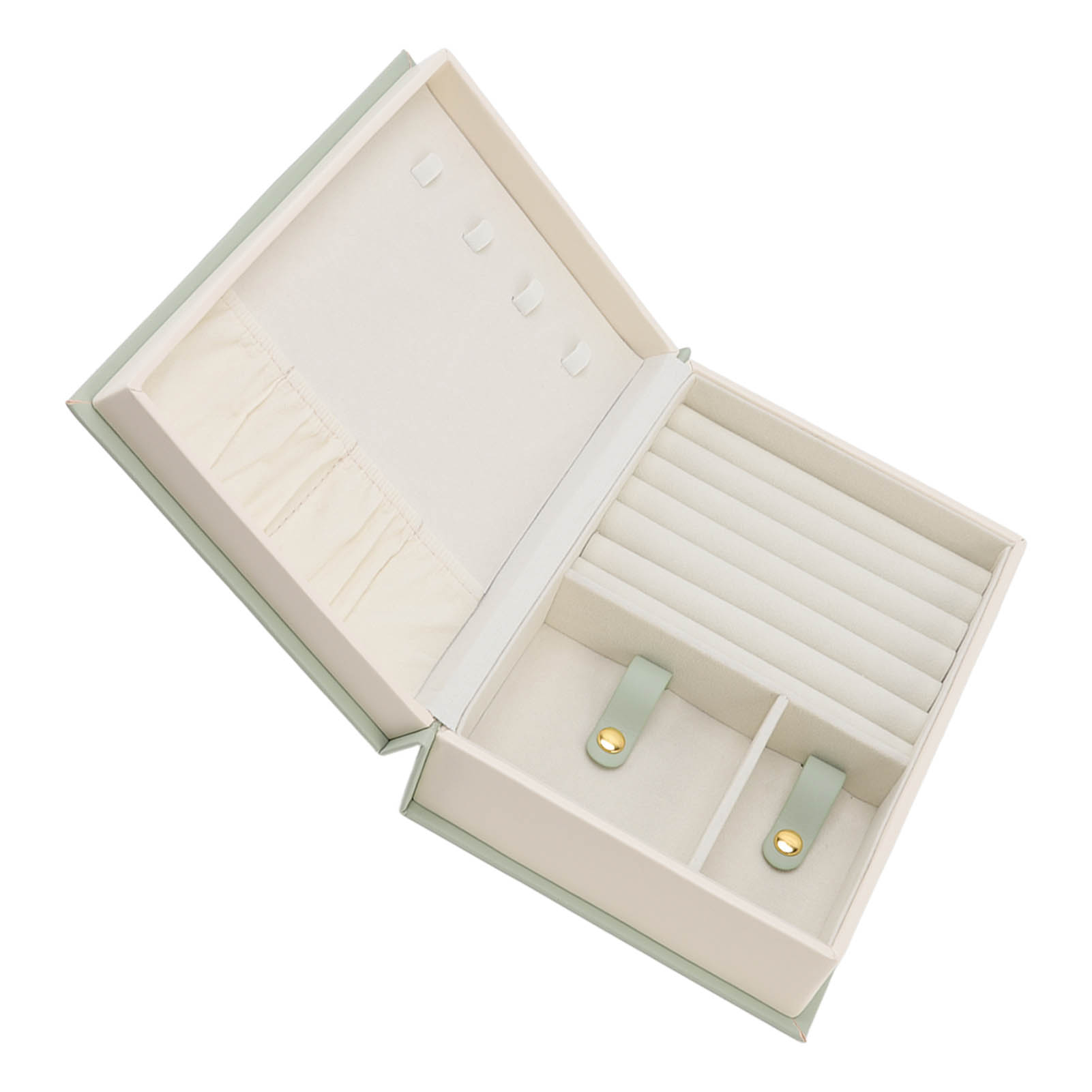 Offene Schmuckschatulle mit Fächern für Ringe, Halsketten und Armbänder, ausgekleidet mit weichem, hellem Material.