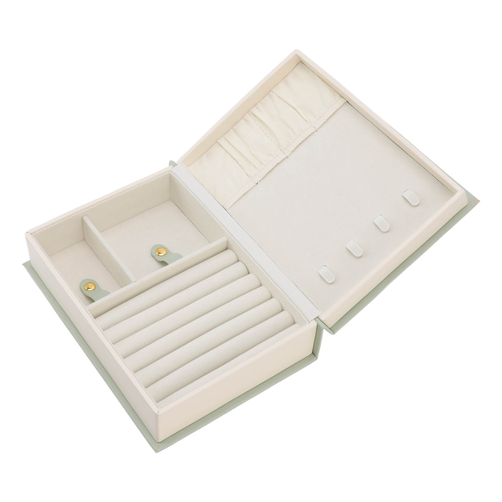 Geöffnete Schmuckschatulle mit Fächern. Beige Innenausstattung mit Ringschlitzen und mintgrüner Außenseite.