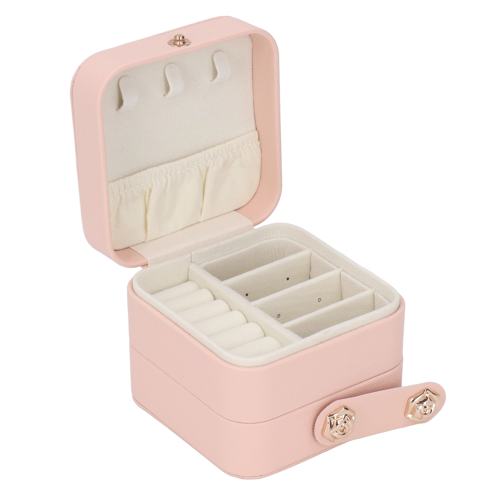 Offene rosa Schmuckschatulle mit Fächern für Ringe und Schmuck. Weißes Innenfutter, goldener Verschluss.