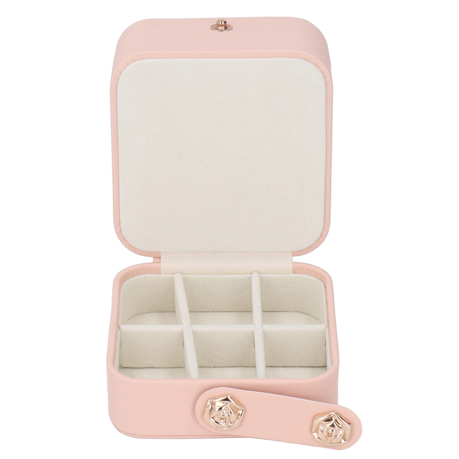 Geöffnete rosa Schmuckschatulle mit Fächern. Enthält einen Verschluss und einen Griff mit rosenförmigem Schmuck.