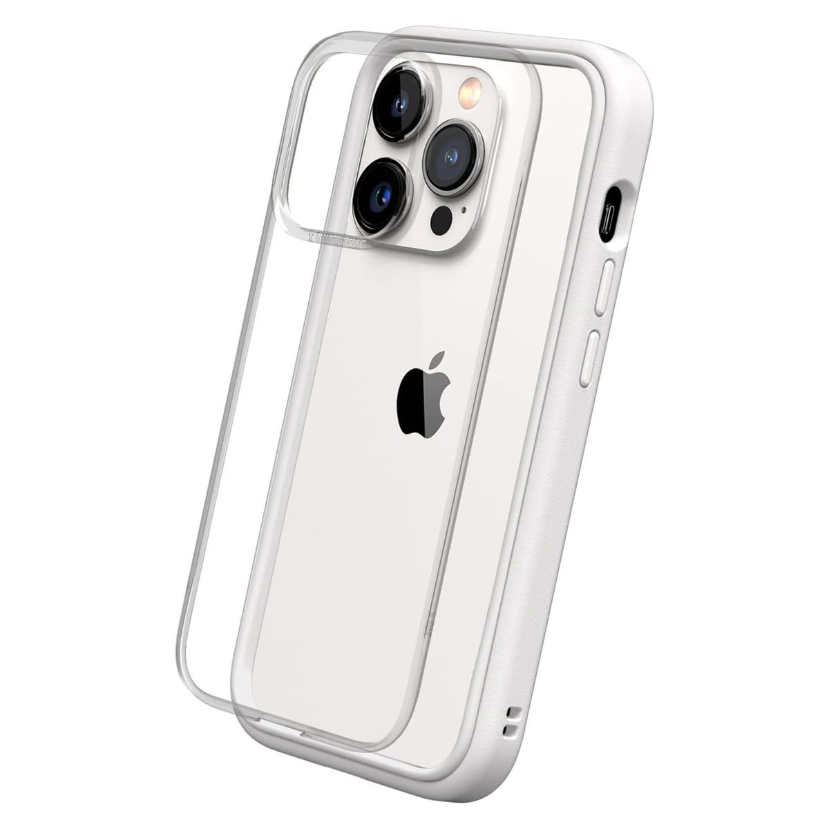 iPhone bianco con custodia trasparente. Fotocamera a tripla lente. Logo Apple nero. Bordo bianco.
