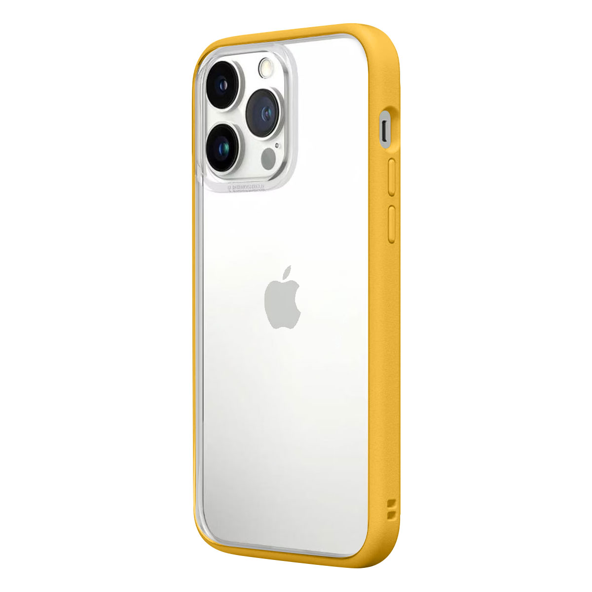 Custodia gialla per iPhone. È gialla con un retro trasparente, con un ritaglio per la fotocamera e il logo Apple visibile.