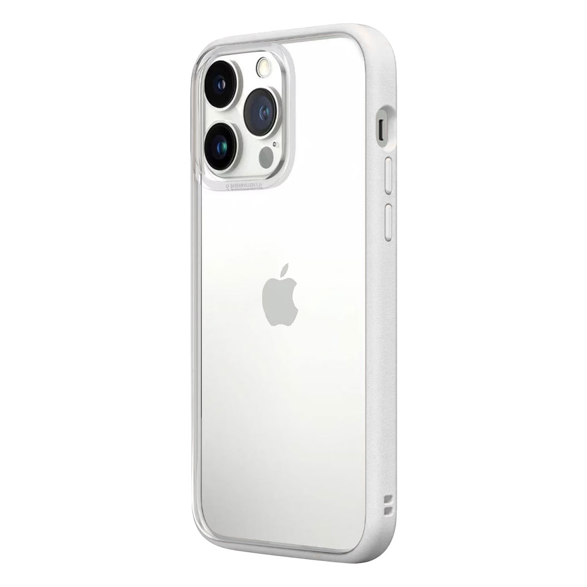 iPhone bianco con custodia trasparente. Fotocamera a tripla lente. Logo Apple nero. Cornice bianca.