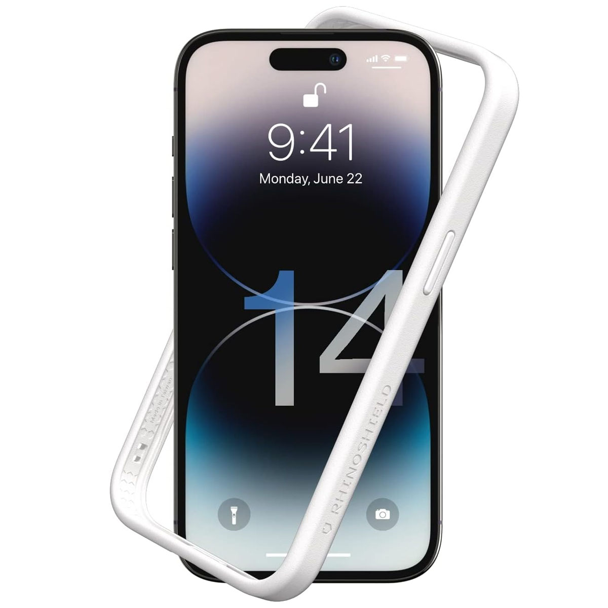 Una custodia con cornice bianca su un iPhone nero. Lo schermo mostra l'ora e la data e un'icona di blocco.
