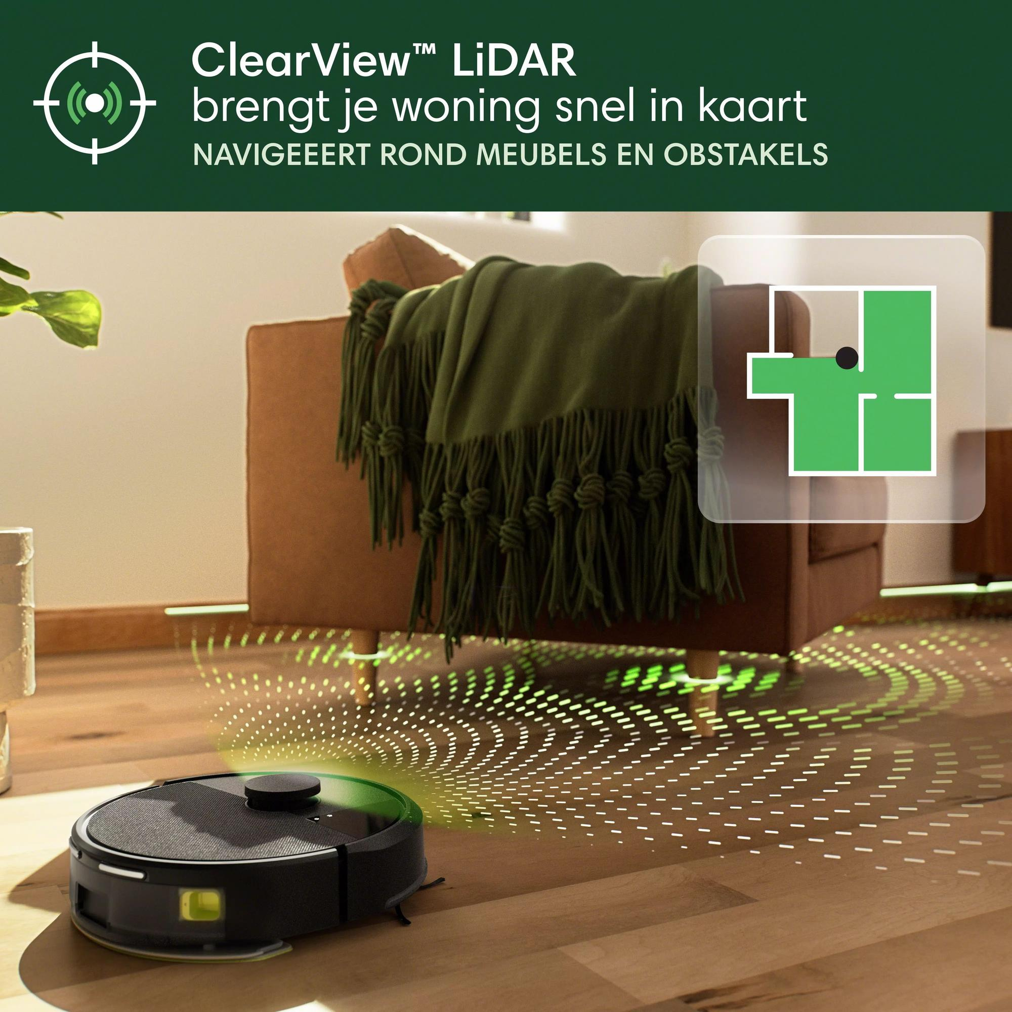 Robot aspirador en habitación, mapeando el área. Líneas verdes indican mapa y muebles.