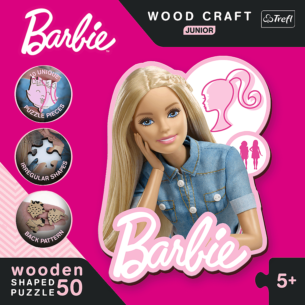 Puzzle in legno di Barbie, con immagine della bambola, 50 pezzi e logo Barbie.