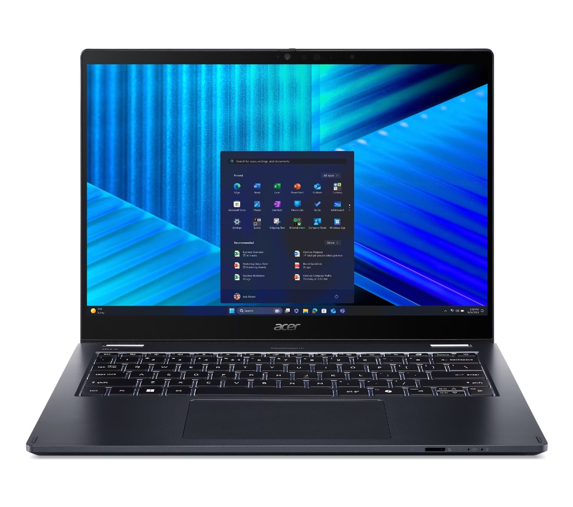 Un laptop Acer aperto, che mostra un desktop Windows con icone di app.