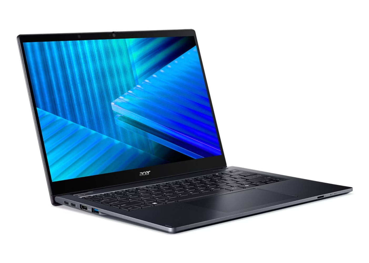 Un laptop Acer aperto con uno schermo sfumato blu, angolato verso destra.
