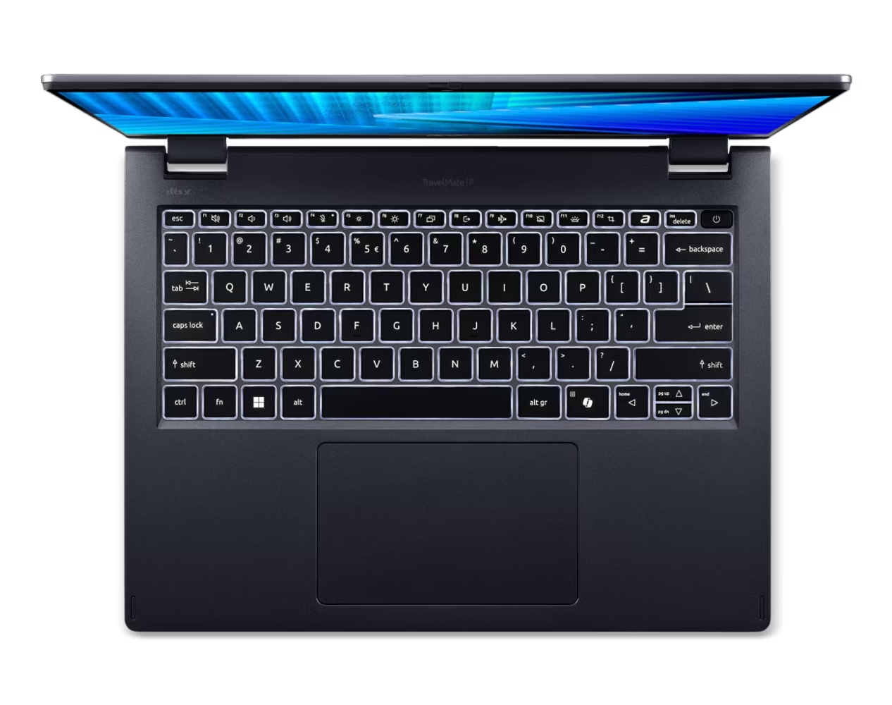 Laptop con schermo aperto, tastiera visibile, con tastiera e trackpad illuminati.