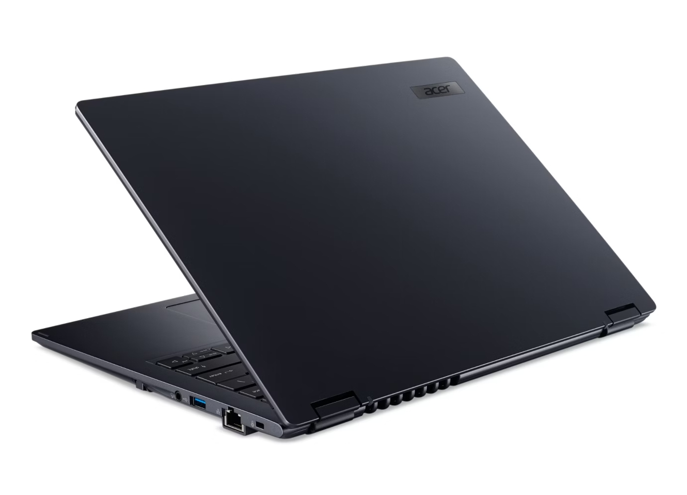 Il retro di un laptop Acer scuro, leggermente aperto, che mostra porte e cerniere.